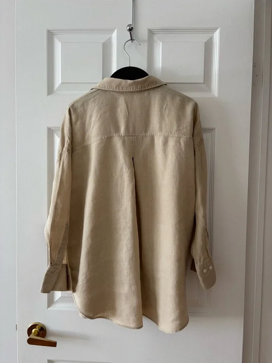 Zara Beige Oversized Linen Collared Button Shirt - Picture 2 of 3